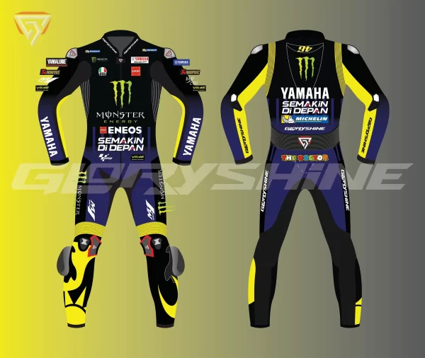 Valentino Rossi Motorbike Leather Suit Monster Energy Yamaha MotoGP 2019 front and back