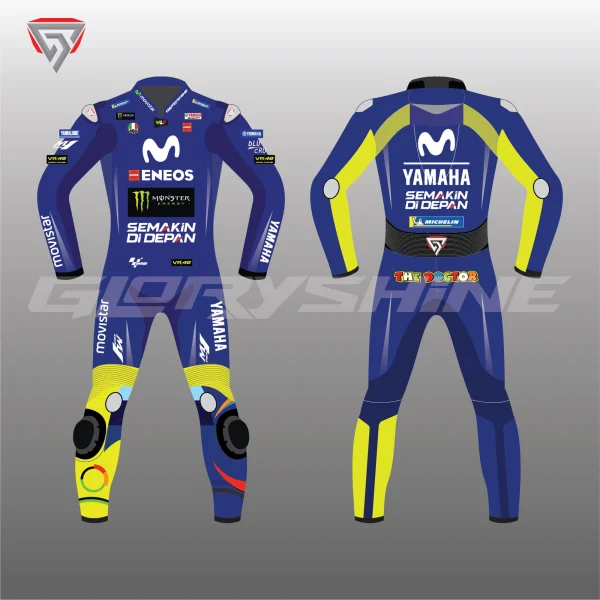 Valentino Rossi Leather Racing Suit Yamaha Movistar MotoGP 2018 Front & Back 2D