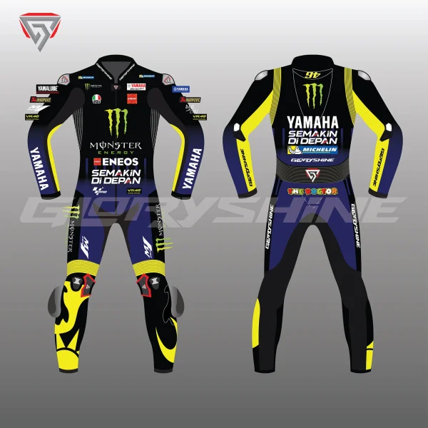 Valentino Rossi Motorbike Leather Suit Monster Energy Yamaha MotoGP 2019 Front & Back 2D