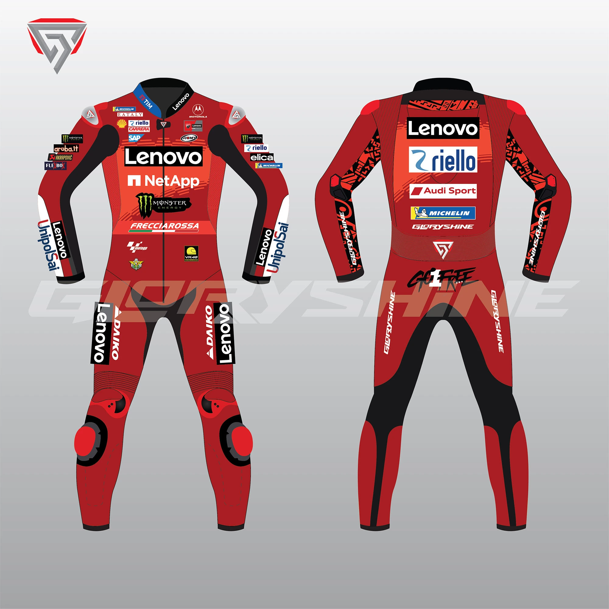 Francesco Bagnaia Motorbike Suit Ducati Lenovo Team MotoGP 2024 Front & Back 2D