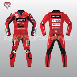 Francesco Bagnaia Leather Race Suit Ducati Lenovo MotoGP 2025 Front & Back 2D Francesco Bagnaia Leather Race Suit Ducati Lenovo MotoGP 2025 Front & Back 2D