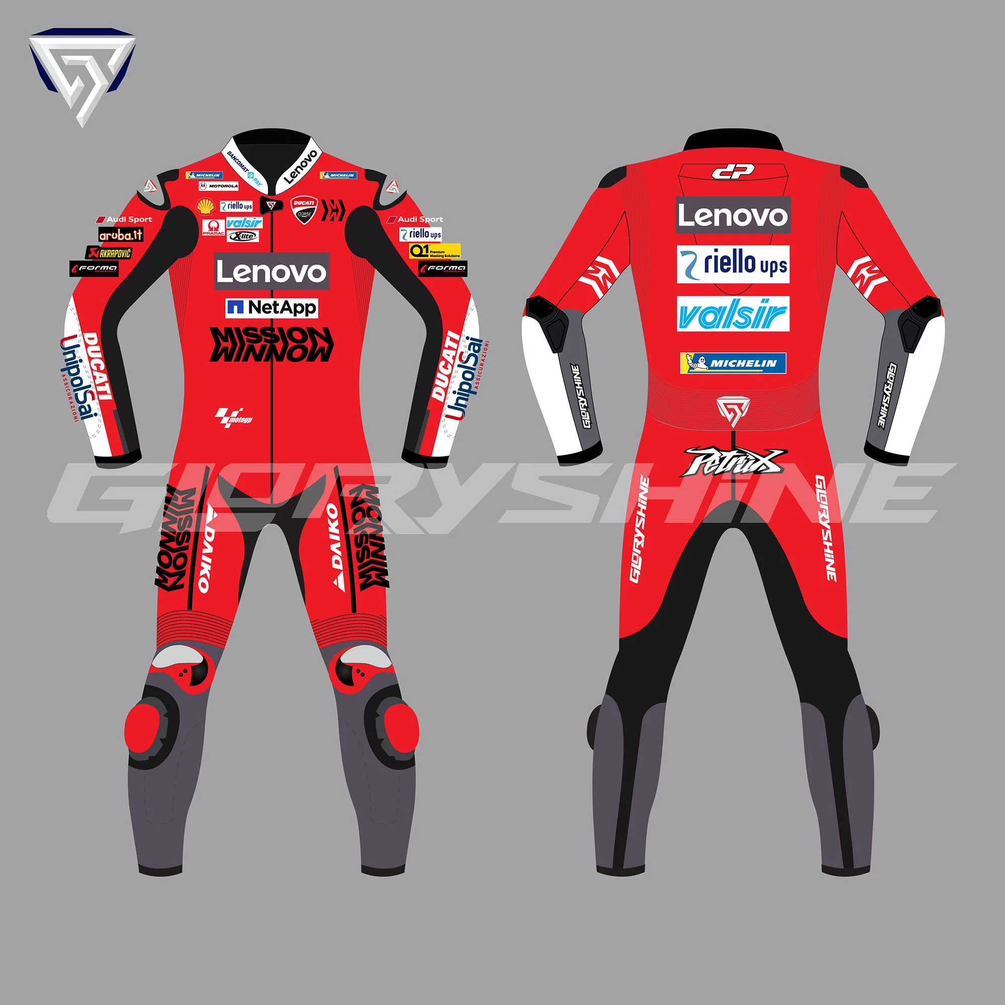 Danilo Petrucci Leather Racing Suit Team Ducati MotoGP 2020 Front & Back 2D