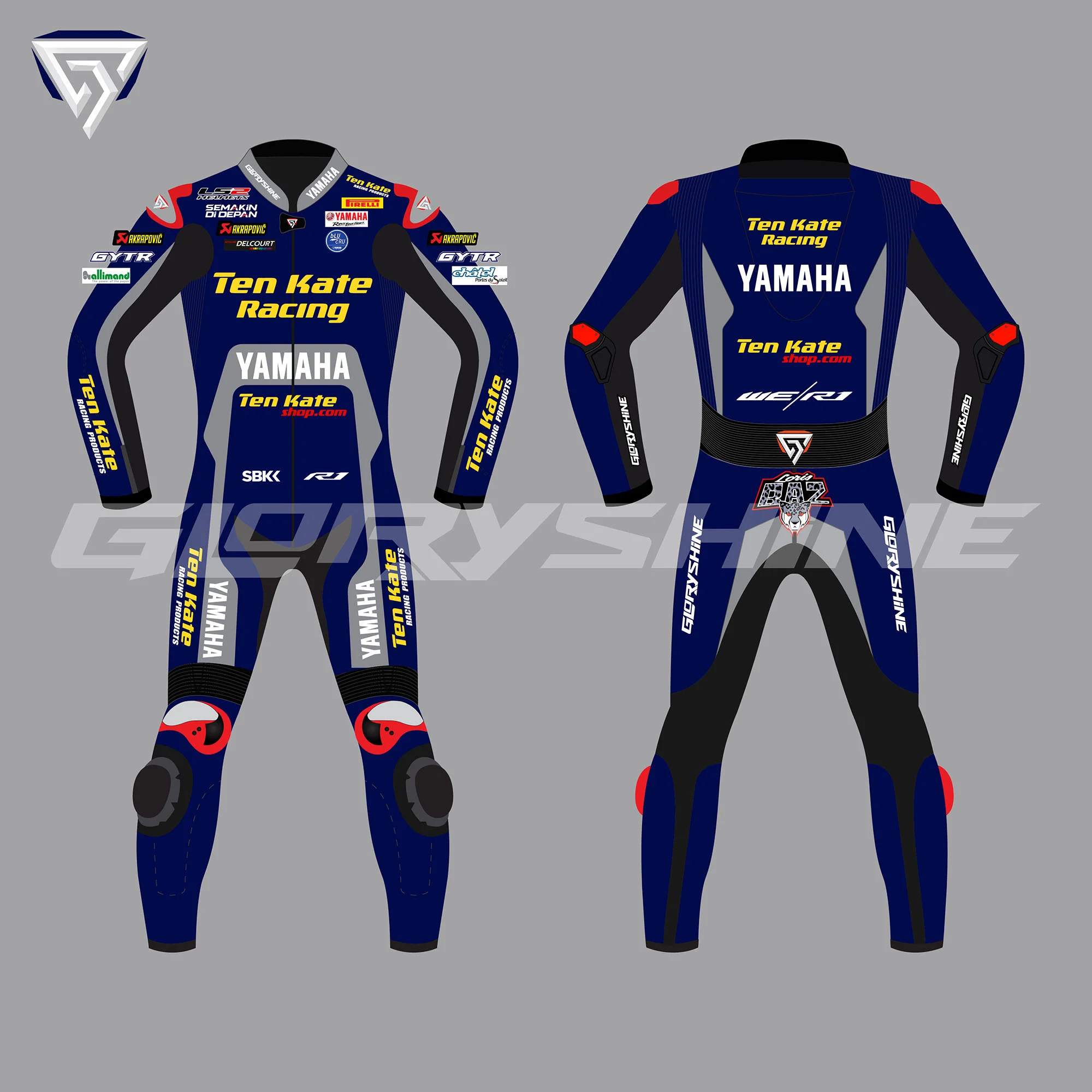 Loris Baz Motorcycle Race Suit Ten Kate Racing Yamaha WSBK 2020 Front & Back 2D
