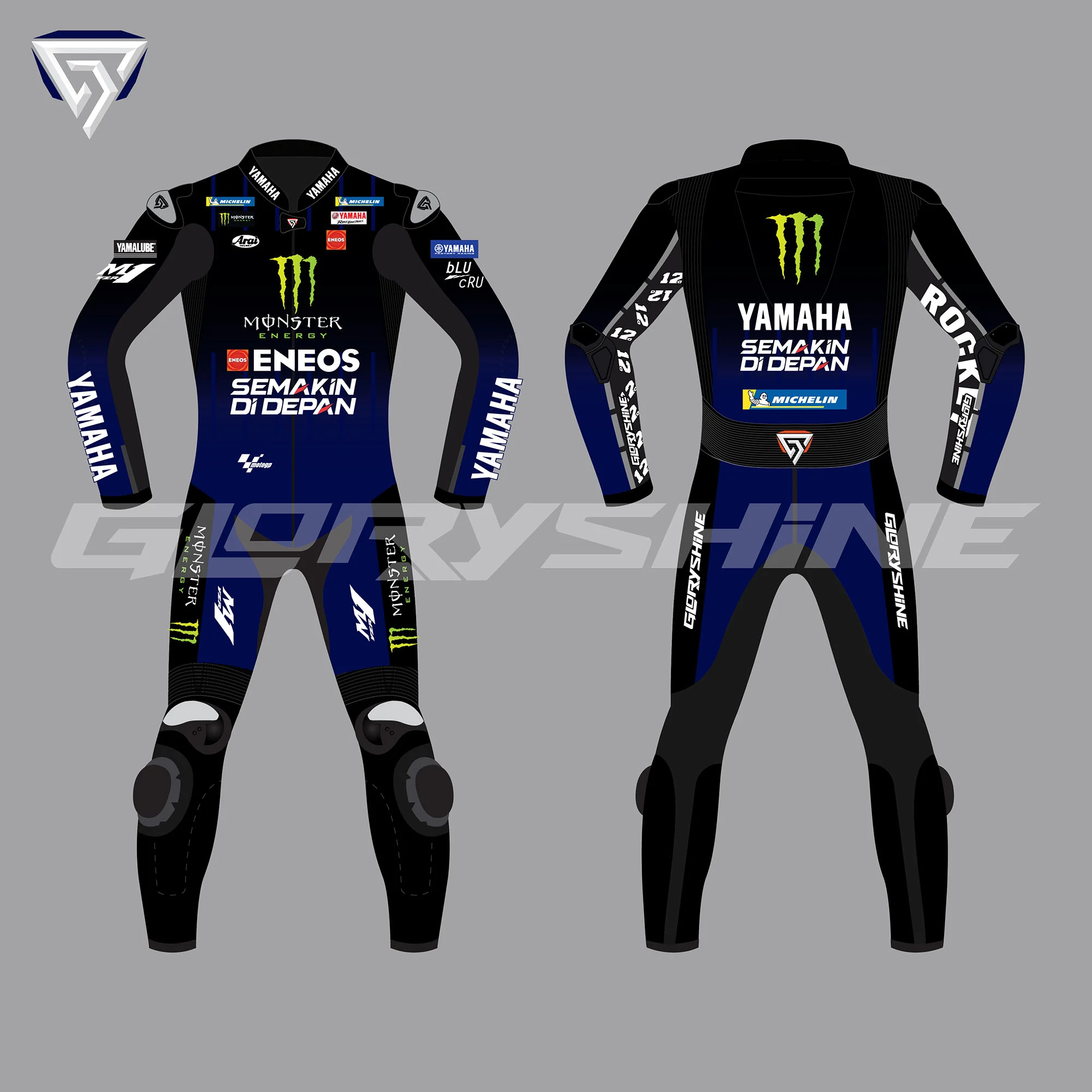 Maverick Vinales Motorbike Race Suit Monster Energy Yamaha MotoGP 2020 Front & Back 2D