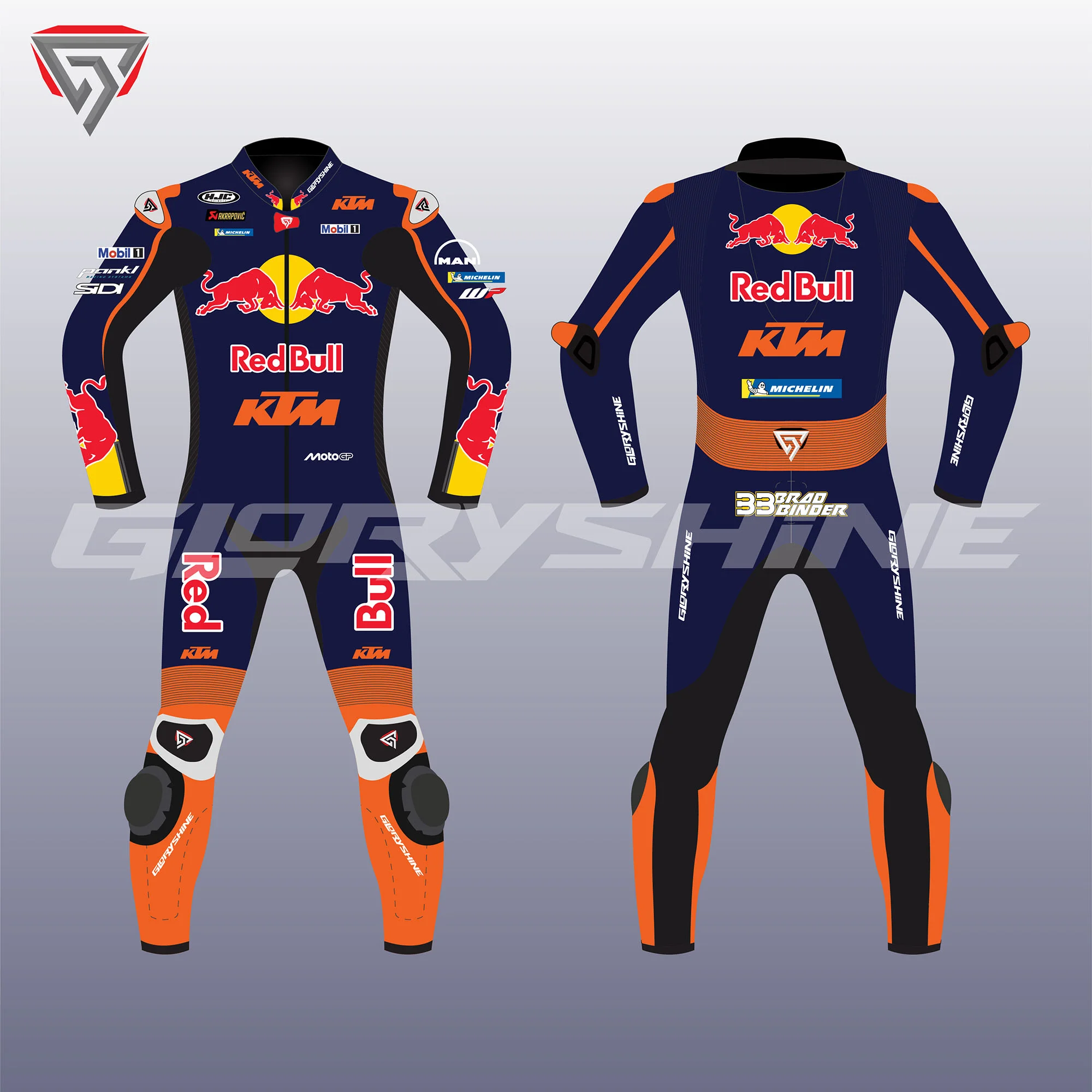 Brad Binder Motorcycle Suit Red Bull KTM Factory Racing MotoGP 2025 Front & Back 2D