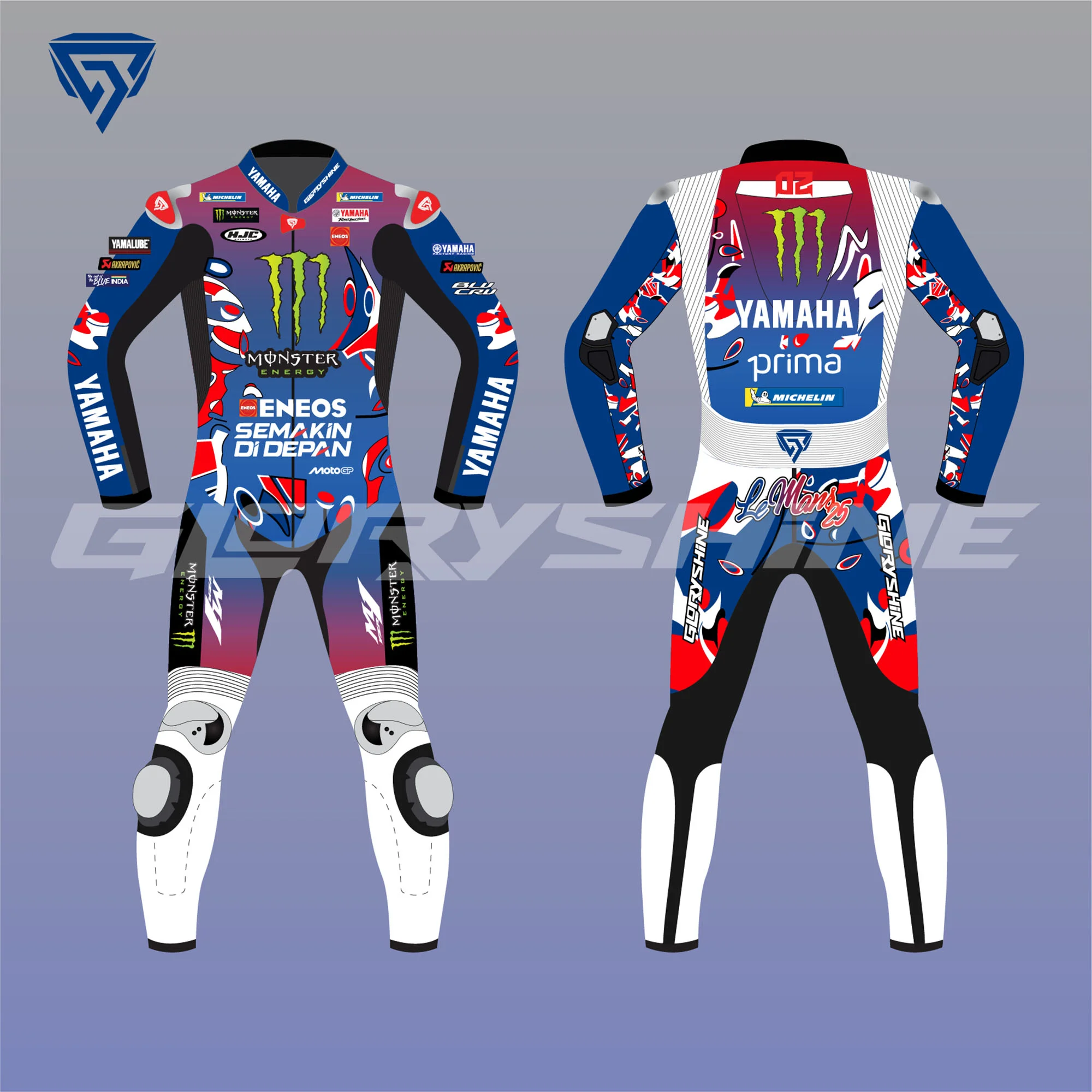 Fabio Quartararo Leather Race Suit Monster Energy Yamaha MotoGP French 2025 Front & Back 2D