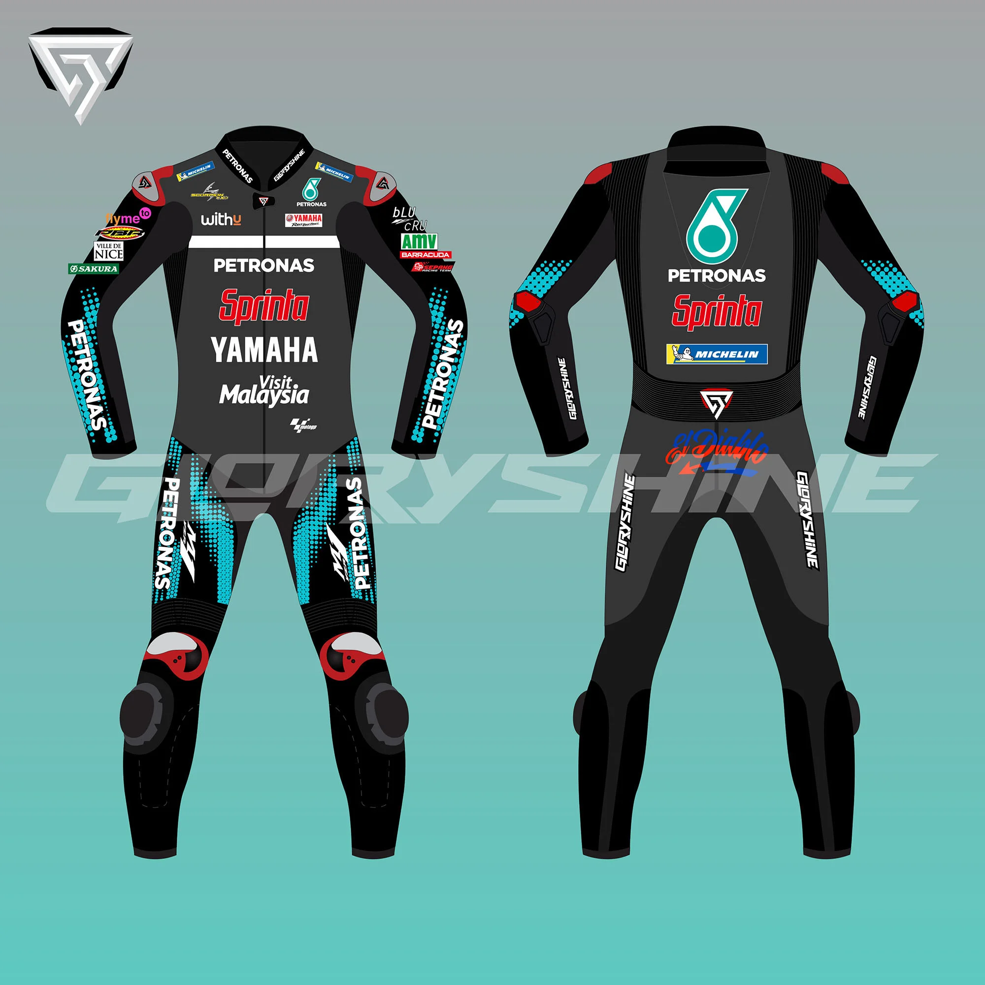 Fabio Quartararo Motorcycle Racing Suit Petronas Yamaha MotoGP 2020 Front & Back 2D