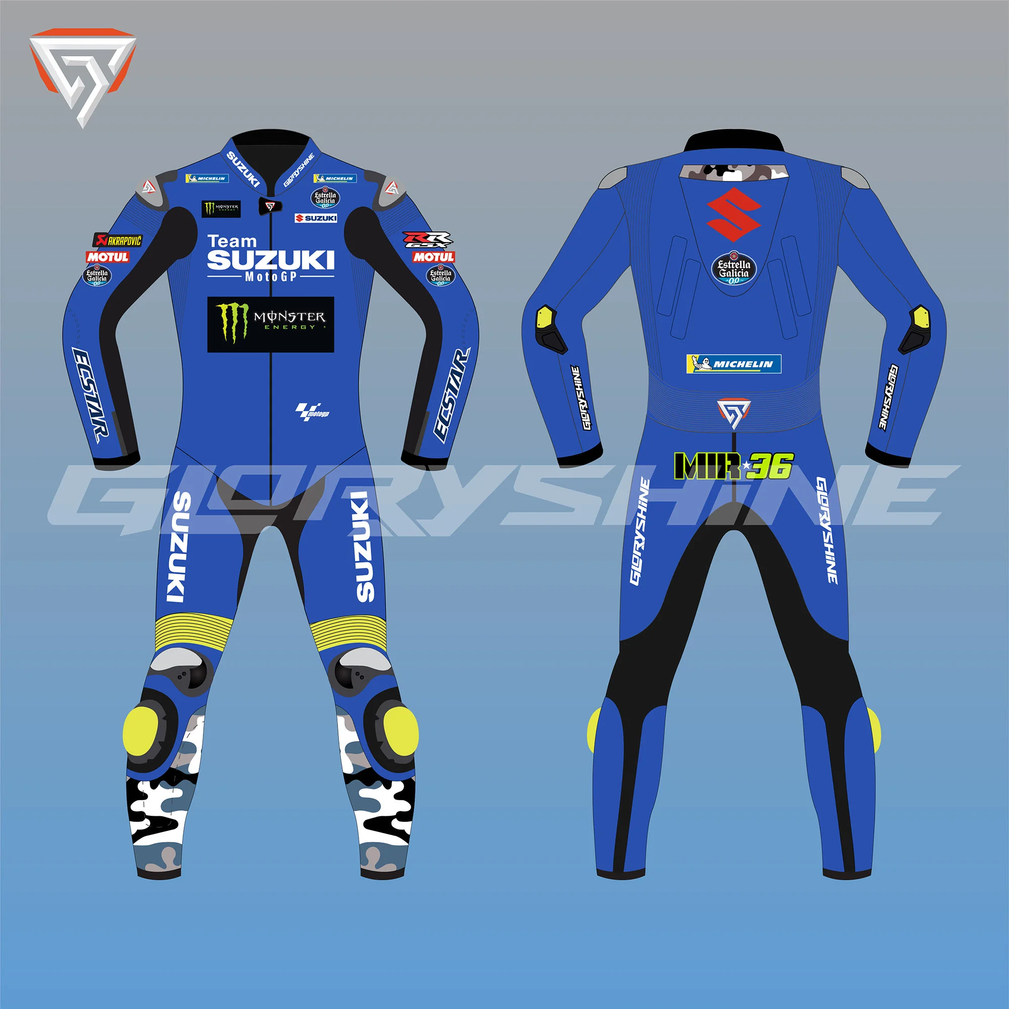 Joan Mir Leather Race Suit (Team Suzuki MotoGP Suit 2022) Front & Back 2D